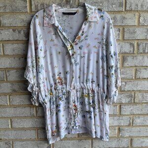 Zara Sleeveless Button Front Tie Waist Floral Blouse Women's Size L